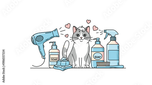 Adorable cat sitting among various pet grooming supplies including a hair dryer, soaps, a brush, and cleaning spray bottles.