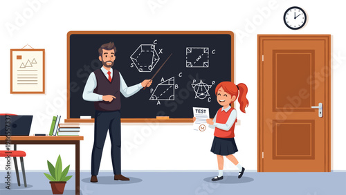 Enthusiastic student showing her top grade test to a teacher in a classroom filled with geometry diagrams on a blackboard.