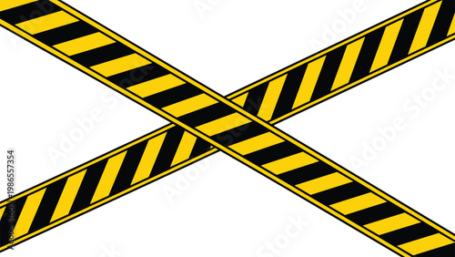 Yellow and black striped caution tape crossed over to form an X symbol signifying danger or restricted access areas.
