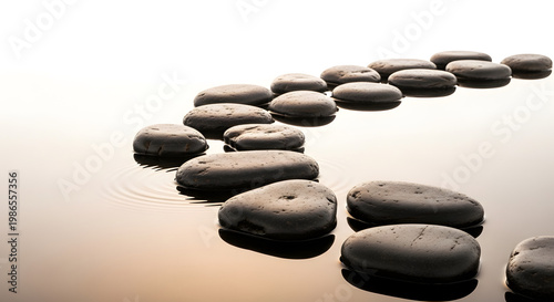 A serene pathway of smooth, grey stones gently curves across a calm body of water, reflecting a soft, diffused light
