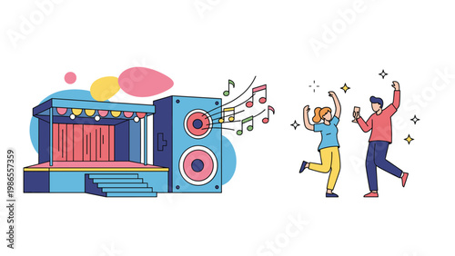 Lively outdoor music event featuring a concert stage with large speakers and a happy couple dancing while holding party drinks.