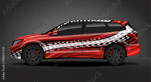 Red SUV with Racing Stripes and Checkered Flag Graphics.
