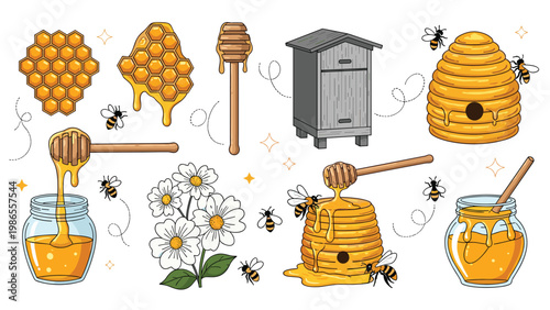 Comprehensive collection of beekeeping illustrations features honey jars and hives along with bees and delicate flowers.