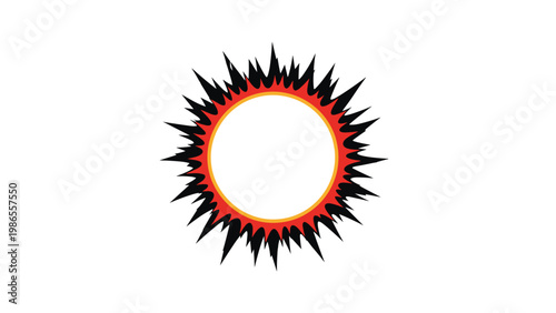 Graphic symbol representing a solar eclipse or energetic explosion features a white circle with black and orange spikes.