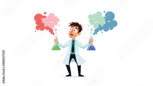 Nervous male scientist experiences a laboratory chemical reaction failure while holding smoking flasks of green and blue liquids.
