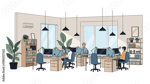 Modern open plan office interior features several employees working diligently at their computer desks with green plants.