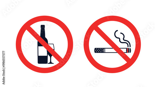 Standard prohibition signs clearly communicate regulations against smoking and alcohol consumption in restricted public areas.