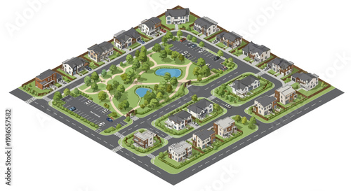 Isometric vector illustration showcasing a residential neighborhood with houses arranged around a central park featuring ponds, trees, and roads, rendered with a clean, bright style
