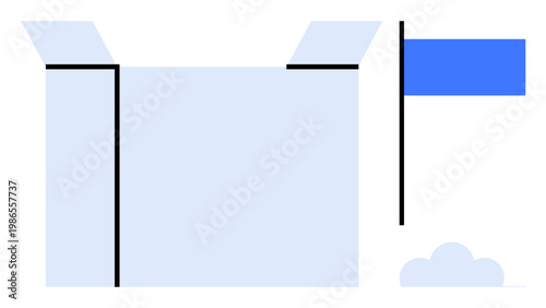 Innovation, delivery services, achievement, storage, unpacking, business. Open box with sharp edges and a blue flag beside it, with a soft cloud illustration. Innovation and delivery services concept