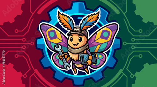 Cartoon Insect Mascot With Wings And Headdress.