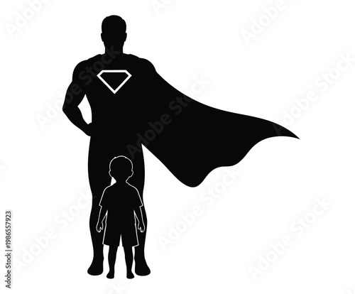 Silhouette of a superhero father standing protectively next to his young son, symbolizing strength and family love