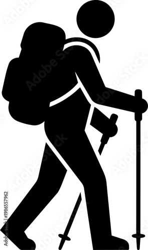 Hiker silhouette with backpack trekking poles outdoors.