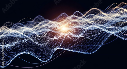 Abstract visualization of a glowing wave of light particles on a dark background, representing sound or data flow
