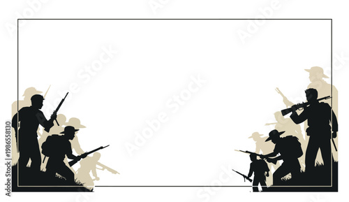 A patriotic silhouette illustration depicting soldiers standing ready for battle, symbolizing bravery and defense in times of conflict and national pride