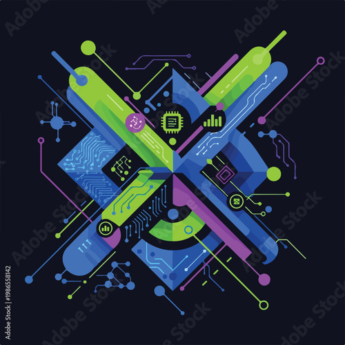 A colorful abstract graphic design with circuit board elements