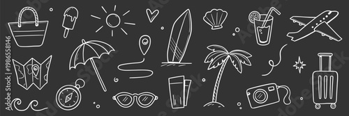 Chalk summer travel doodle icon set. Hand drawn chalkboard vacation holiday beach trip sketch on blackboard. Cute doodle sunglasses palm ice cream suitcase sun adventure. Vector illustration