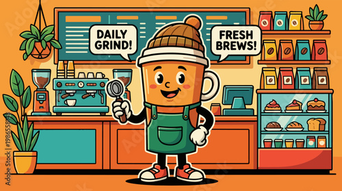 Cartoon Barista In A Coffee Shop.