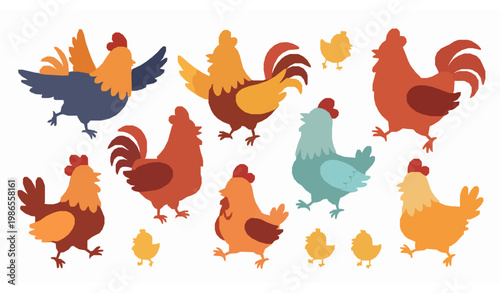 Cute chicken and hen collection flat cartoon vector farm birds playful illustration set