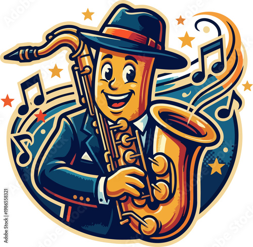 Cartoon Saxophonist Playing Jazz Melodies.