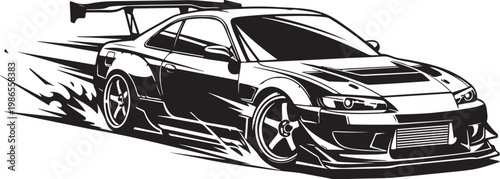Racing car vector, sports car illustration, black and white design, speedster graphic