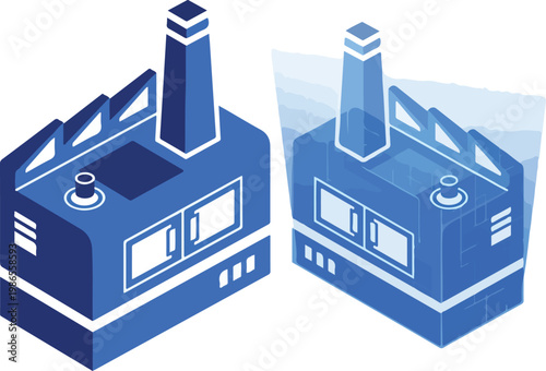 Isometric Blue Digital Twin Concept with Physical Factory Machine and Virtual Hologram Replica Vector