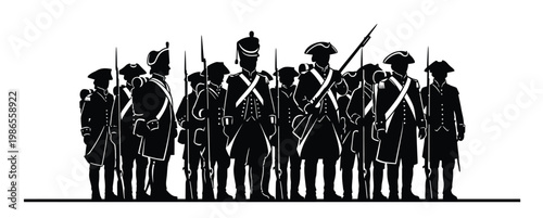 Silhouette illustration of a group of revolutionary war soldiers standing in formation