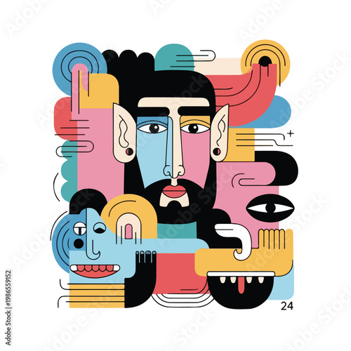 A colorful abstract illustration of a man's face