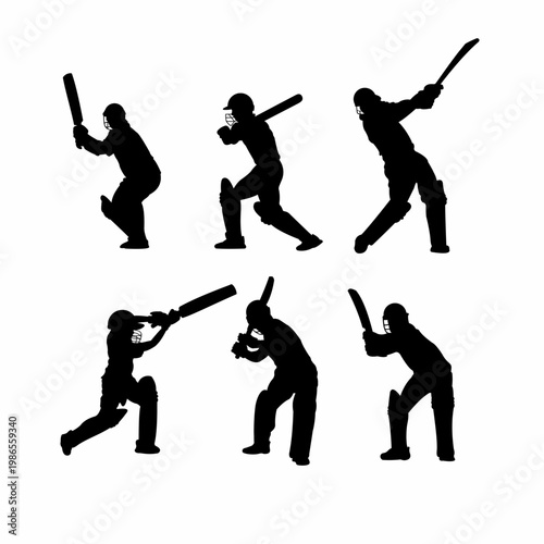 Black colored cricket silhouette set with various ball hitting movements.