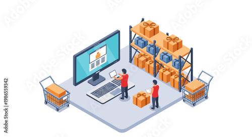 Warehouse Logistics: Two individuals oversee a well-organized warehouse, utilizing technology and inventory management systems to ensure smooth operations.
