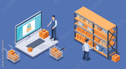 E-commerce Illustration: Modern depiction of e-commerce, showcasing a laptop, shopping carts, and a warehouse, symbolizing the digital marketplace.
