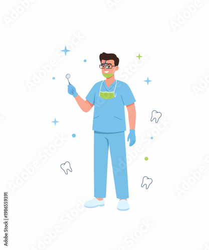 female dentist in blue scrubs holding toothbrush vector illustration