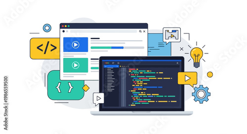 Coding in Action: A dynamic illustration showing a coding interface with a screen, symbolizing innovation, technology, and learning.