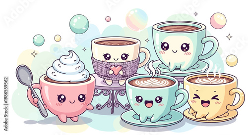 Whimsical Coffee Companions: A delightful gathering of animated coffee cups, each with a unique expression, invites you to a world of charming beverages and cheerful ambiance. 