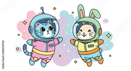 Cosmic Companions: Whimsical illustrations depict a charming cat and rabbit, donned in astronaut attire, floating amidst a vibrant galaxy of stars. 