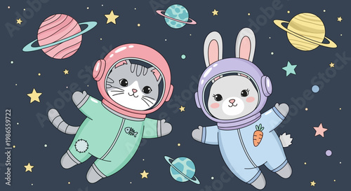 Cosmic Dreamers: A whimsical illustration of a cat and rabbit floating in space, adorned in astronaut gear, surrounded by planets and stars. A playful exploration of dreams and the endless cosmos.