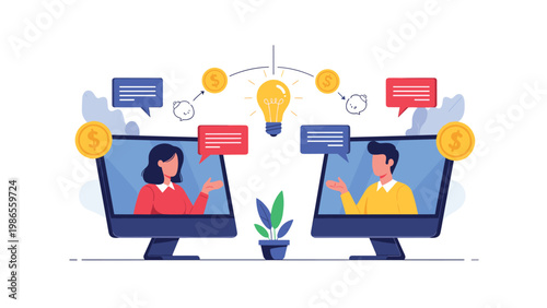 Two professionals having a video call on computer screens for an online business consultation or job interview with speech and money icons.