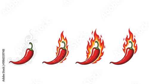 Row of four red chili peppers showing increasing heat levels represented by different intensities of stylized fire and smoke.