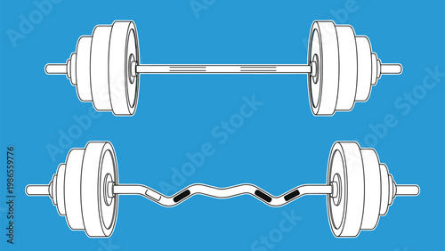 Two types of gym weightlifting bars including a straight barbell and a wavy EZ curl bar with weights against a solid blue background.