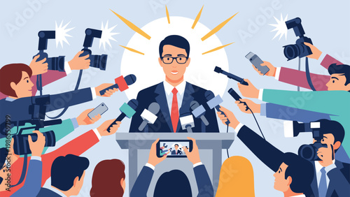 Person in a suit speaking at a podium surrounded by numerous microphones and journalists with cameras and smartphones.