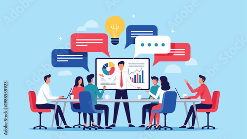 Business leader giving a data driven presentation to his professional team during a meeting in a modern conference room.