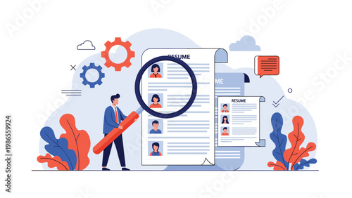 Human resources professional using a large magnifying glass to screen and review multiple candidate resumes for hiring.