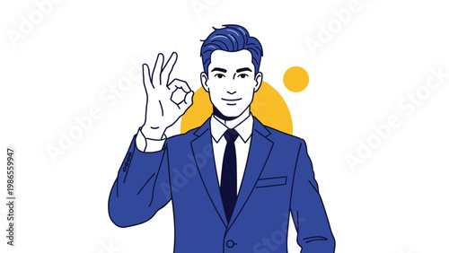 Confident businessman in a blue suit showing an okay sign with his hand against a white background and yellow decorative circles.