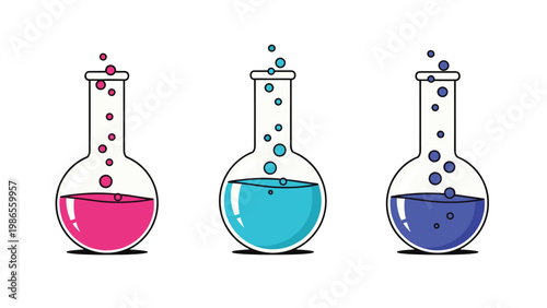 Set of three scientific laboratory flasks containing pink, teal, and blue bubbling liquids for chemistry experiments.