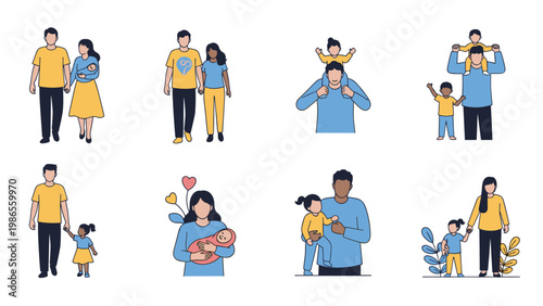 Collection of diverse family illustrations showing parents with children in various happy and loving domestic scenes and activities.