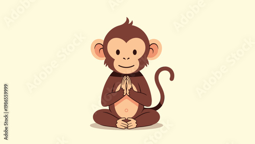 Adorable brown monkey character sitting in a cross-legged position with hands pressed together in a peaceful meditative or praying gesture.