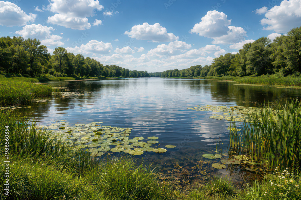 Obraz premium A serene river landscape with lily pads and lush greenery under a blue sky.