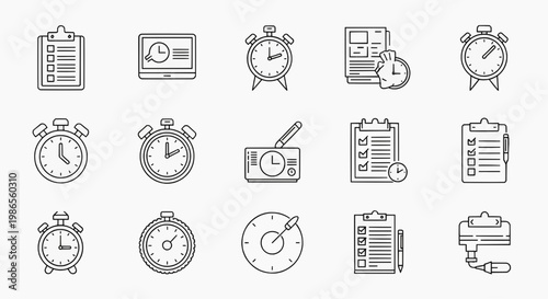 A collection of various clocks and watches icons are shown in a grid