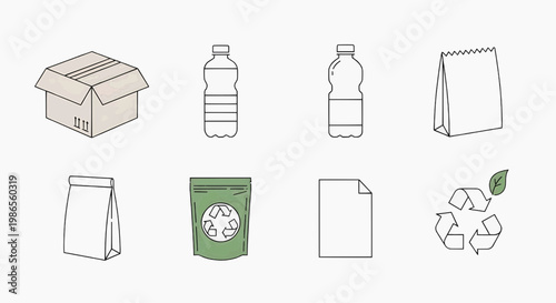 Various recyclable materials and icons are displayed in a simple line drawing style on a white background with cardboard box, bottles, bags, and recycling symbols.