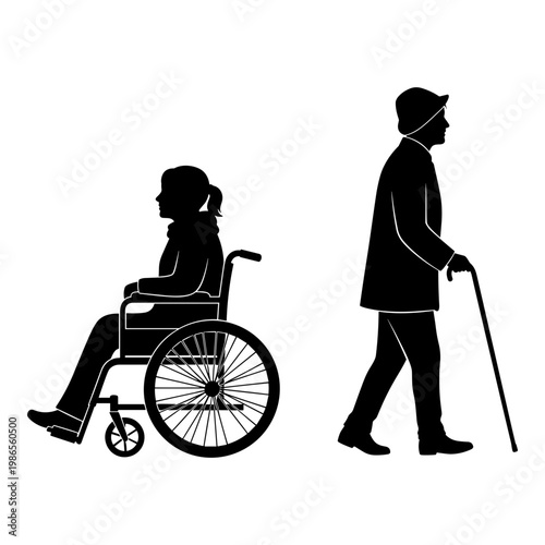 Elderly person assisting child in wheelchair Vector, illustration