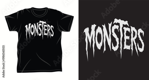 A black t-shirt with white text monsters in a distressed and spooky font, perfect for halloween or rock fans.